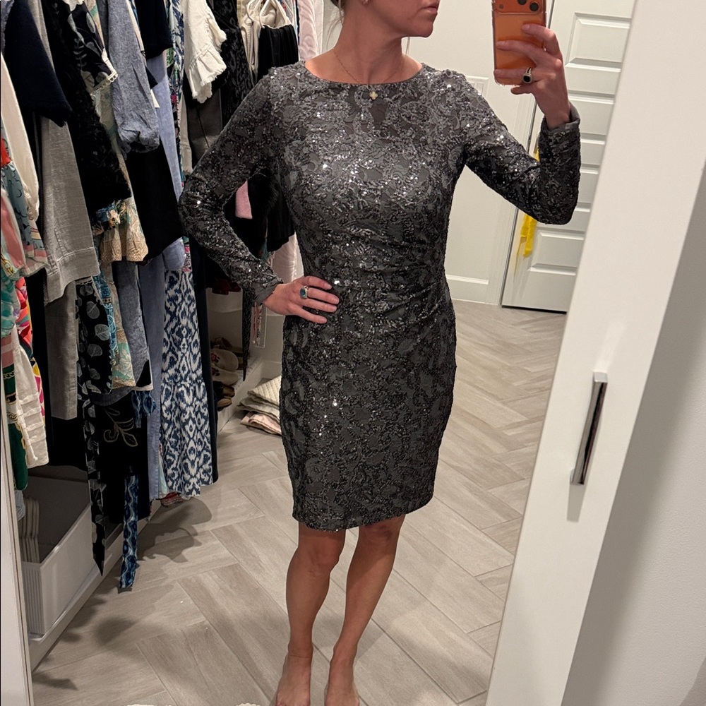 Lauren Ralph Lauren Metallic Gray Long Sleeve Dress